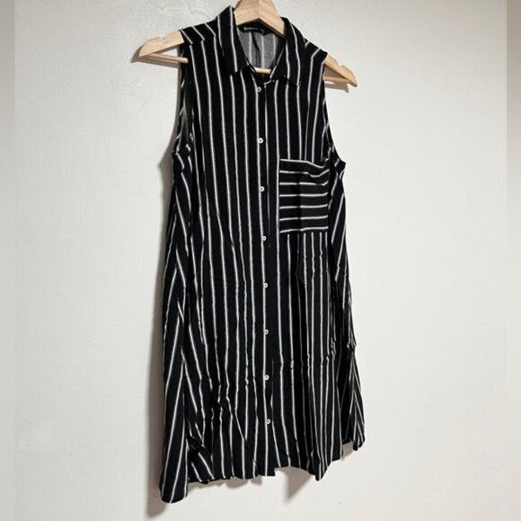 Stradivarius Sleeveless Button-Down Shirt Dress – Black/White Stripes – Medium - Picture 6 of 11